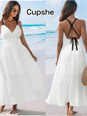 Cupshe White Maxi Dress with Black Straps and Back Tie